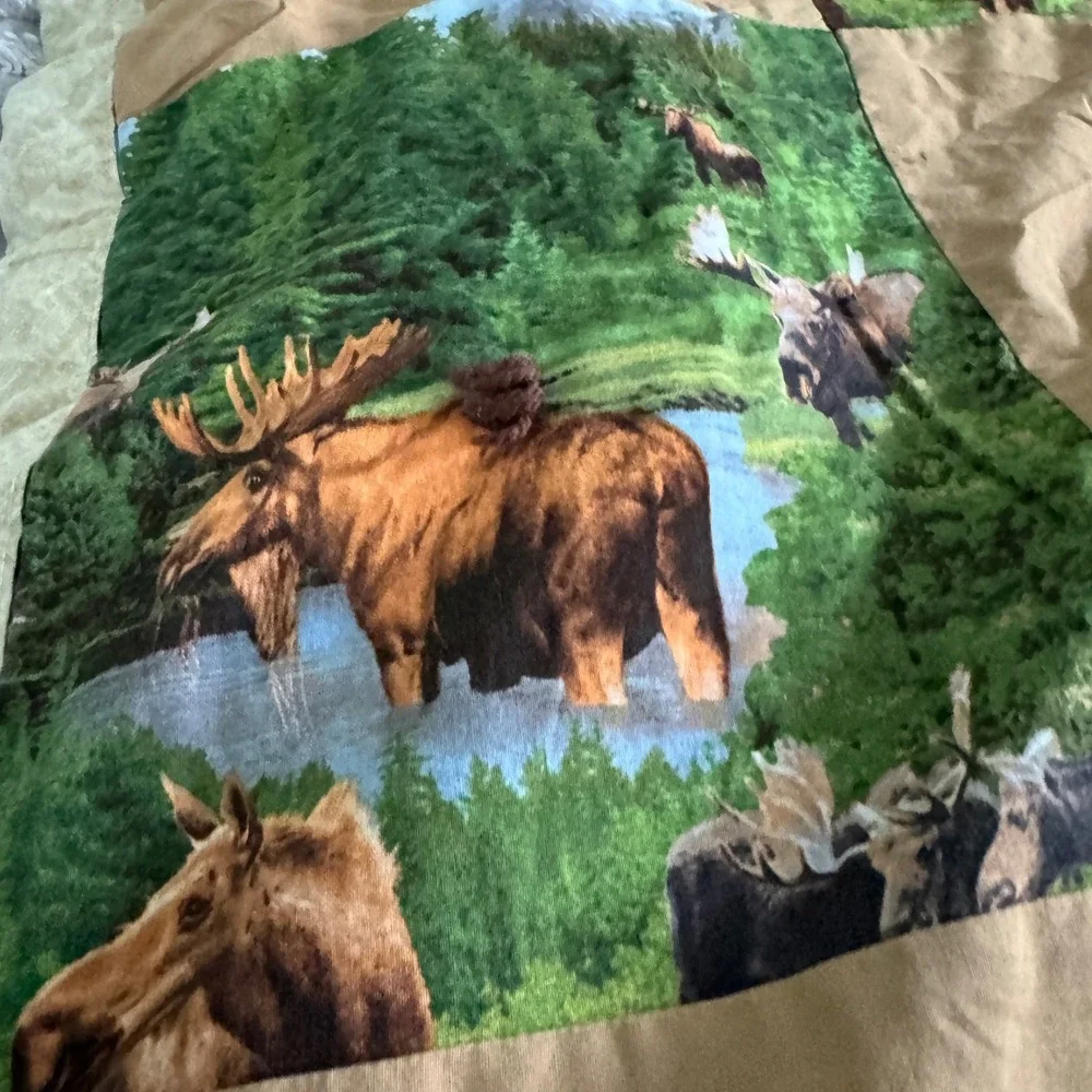 Handmade Vintage Moose Patchwork Quilt Blanket Brown Green Rustic Cabin Lodge